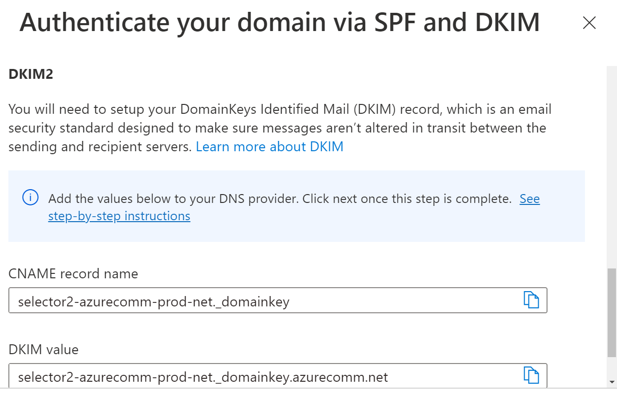 追加の DKIM レコードのために追加すする必要がある DNS レコードを示すスクリーンショット。