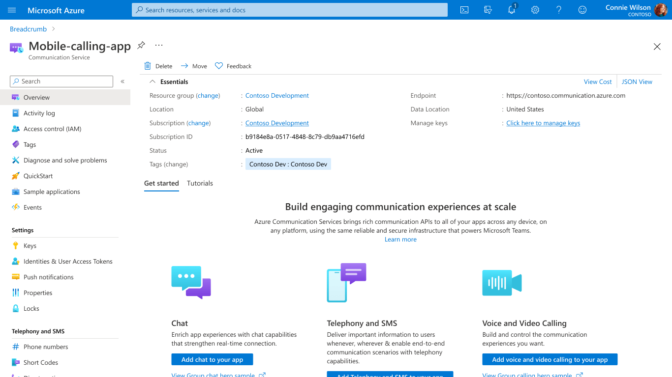 Communication Services リソースのメイン ページを示すスクリーンショット。