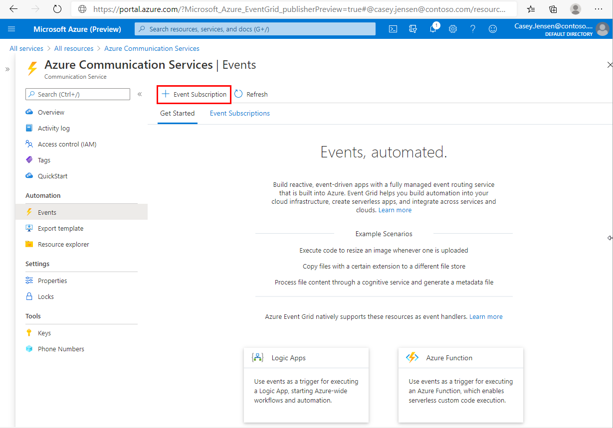 Azure Communication Services リソースの [イベント] ページを示すスクリーンショット。[イベント サブスクリプション] ボタンが強調表示されています。