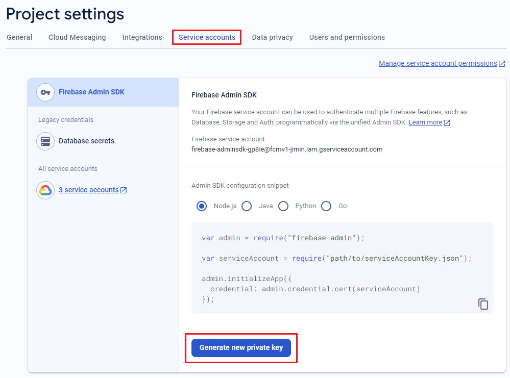 Firebase コンソールで FMC v1 の新しい秘密キーを生成する方法のスクリーンショット。