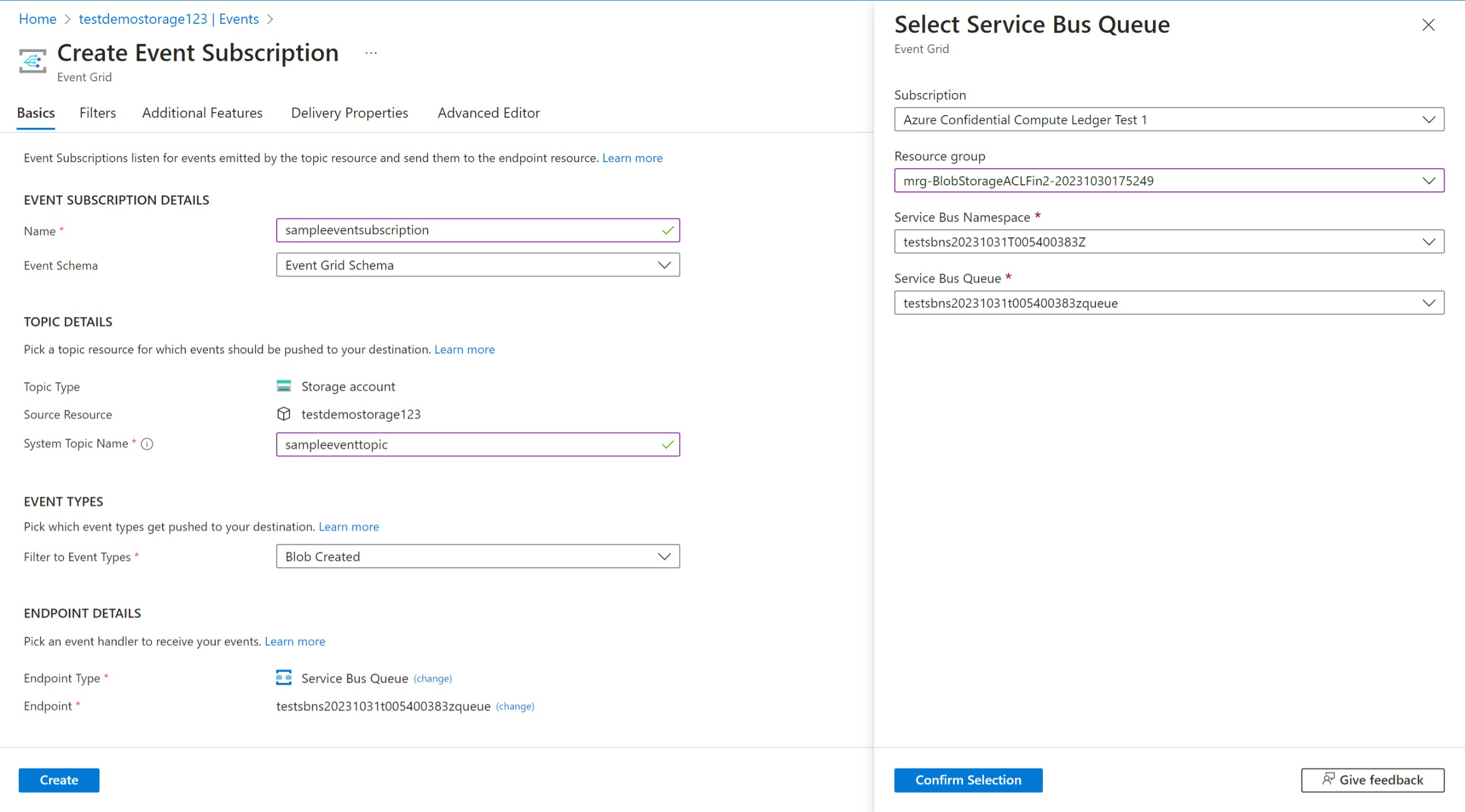 ストレージ イベント サブスクリプションの設定方法が示されている、Web ブラウザーでの Azure portal のスクリーンショット。