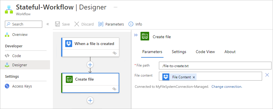Screenshot showing Standard workflow designer and the File System managed connector 