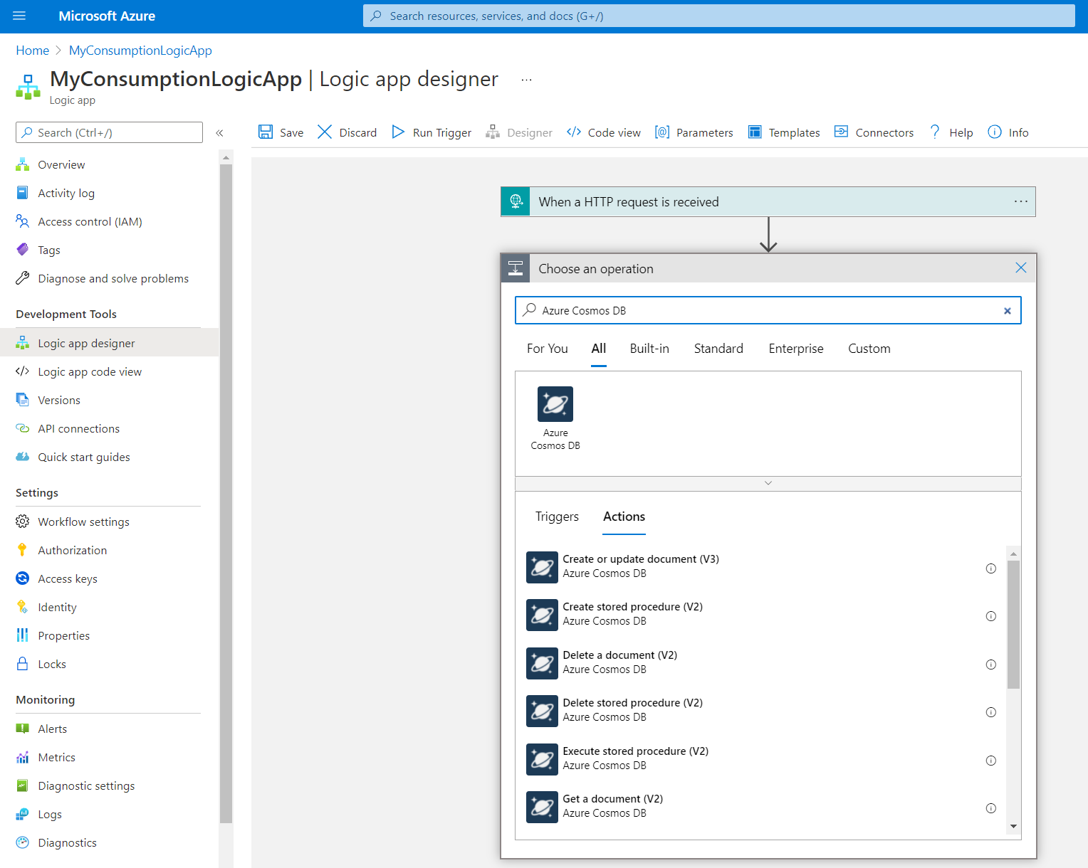 使用可能な Azure Cosmos DB アクションが含まれている従量課金のロジック アプリ ワークフローのデザイナーを示すスクリーンショット。