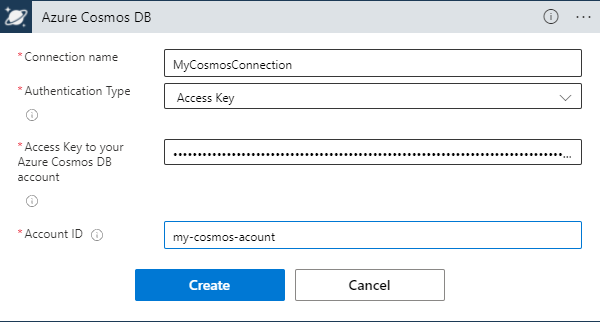 従量課金のロジック アプリ ワークフローの Azure Cosmos DB 接続構成の例を示すスクリーンショット。