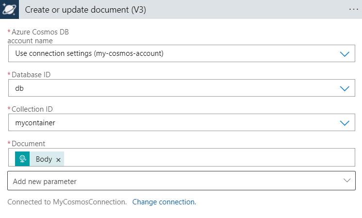 Azure Cosmos DB の [ドキュメントを作成または更新する (V3)] アクションとパラメーターの構成が含まれている従量課金のロジック アプリ ワークフローのデザイナーを示すスクリーンショット。