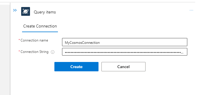 Standard ロジック アプリ ワークフローの Azure Cosmos DB 接続構成の例を示すスクリーンショット。