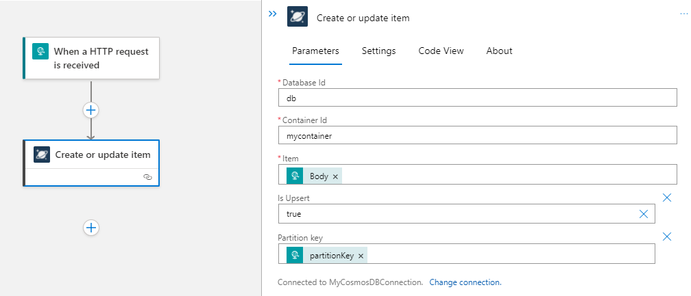 Azure Cosmos DB の [Create or update item]\(アイテムの作成または更新\) アクションとパラメーター構成を含む、Standard ロジック アプリ ワークフローのデザイナーを示すスクリーンショット。