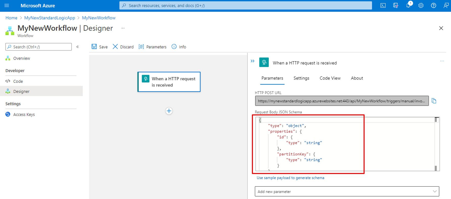 Azure Cosmos DB の [HTTP 要求の受信時] トリガーとパラメーターの構成が含まれている Standard ロジック アプリ ワークフローのデザイナーを示す Azure portal とデザイナーのスクリーンショット。