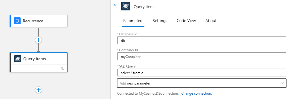 Azure Cosmos DB の [Query items]\(項目のクエリ\) アクションとパラメーター構成を含む、Standard ロジック アプリ ワークフローのデザイナーを示すスクリーンショット。