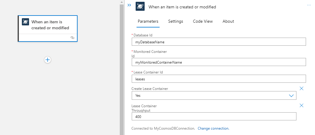 Azure Cosmos DB のトリガーとパラメーターの構成が含まれている Standard ロジック アプリ ワークフローのデザイナーを示すスクリーンショット。