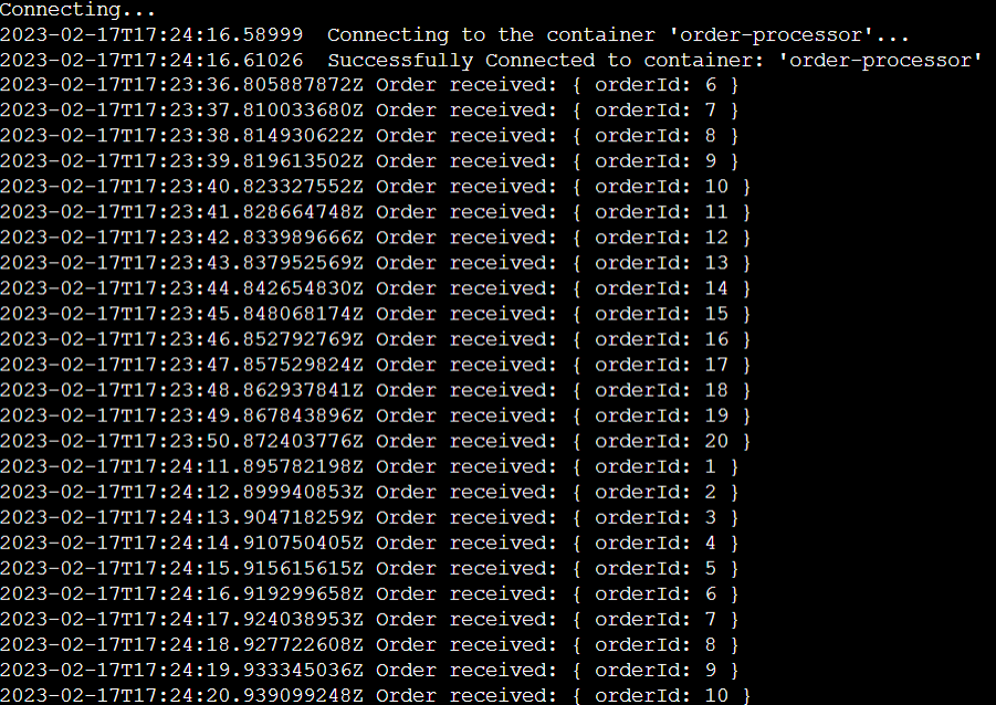 Azure portal の注文プロセッサ サービス コンテナーのログ ストリームのスクリーンショット。