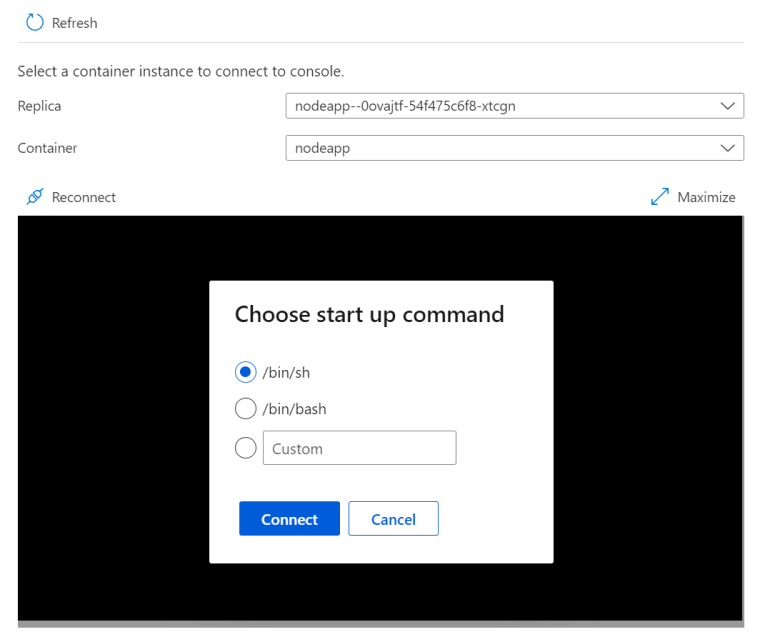 Azure Container Apps のコンソール ページのスクリーンショット。