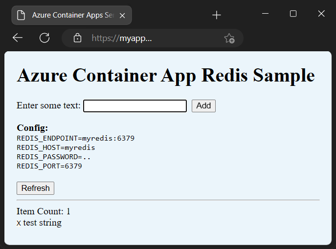 Redis キャッシュ サービスが実行されているコンテナー アプリのスクリーンショット。