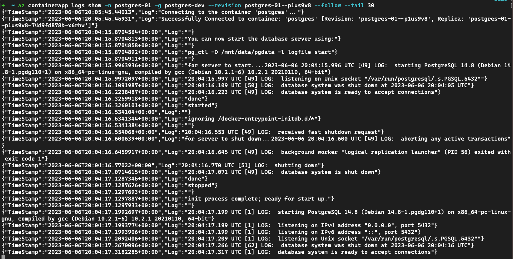 コンテナー アプリの PostgreSQL サービス ログのスクリーンショット。