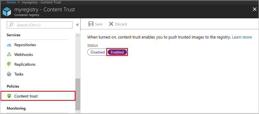Azure portal でレジストリに対するコンテンツの信頼の有効化を示すスクリーンショット。