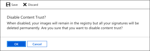 Azure portal でレジストリに対するコンテンツの信頼を無効にする
