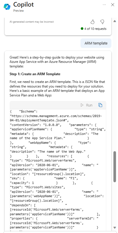 ARM テンプレートを作成する Microsoft Copilot in Azure を示すスクリーンショット。