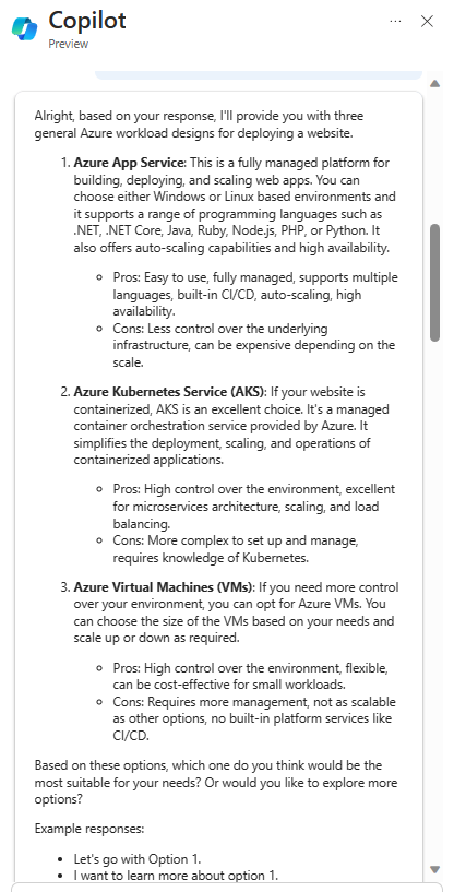 Microsoft Copilot in Azure の [設計] オプションを示すスクリーンショット。