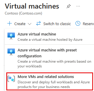 Azure portal の [仮想マシン] ページの [その他の VM と関連ソリューション] オプションのスクリーンショット。