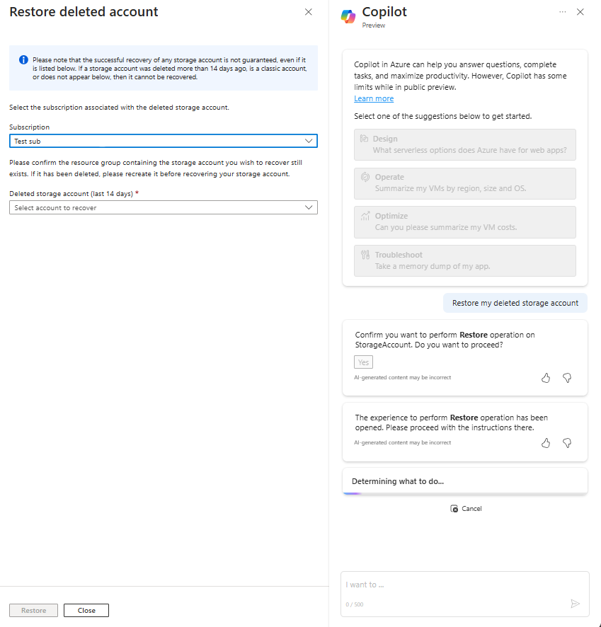 Screenshot of Microsoft Copilot in Azure responding to a request to restore a deleted storage account.