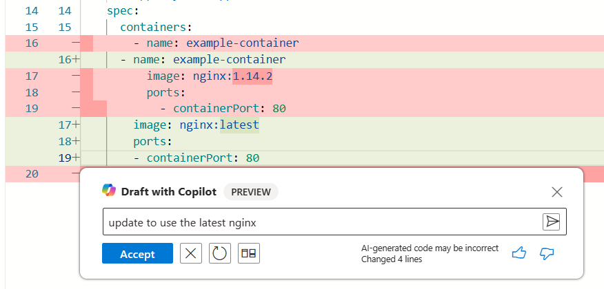 Microsoft Copilot in Azure が YAML ファイルに対して行った変更を示すスクリーンショット。