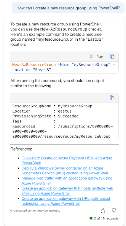 新しいリソース グループを作成する PowerShell コマンドレットを提供する Copilot in Azure のスクリーンショット。