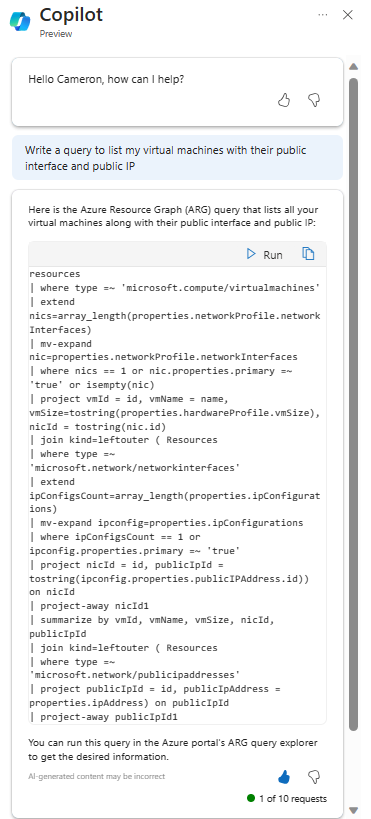 VM を一覧表示する要求に応答する Microsoft Copilot in Azure のスクリーンショット。