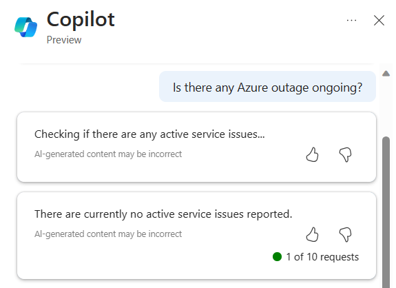 サービスの問題と計画メンテナンスに関する情報を提供する Microsoft Copilot in Azure のスクリーンショット。