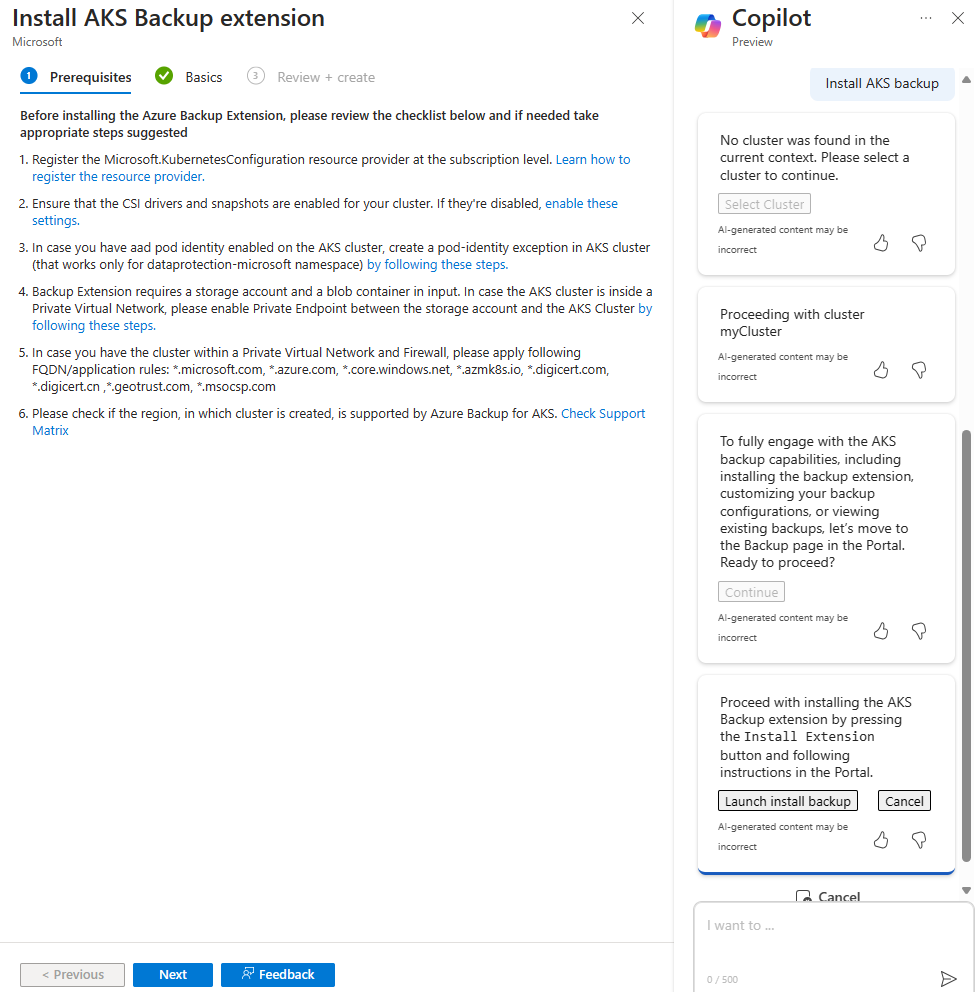 AKS クラスターのバックアップ拡張機能のインストール プロセスを開始する Microsoft Copilot in Azure を示すスクリーンショット。