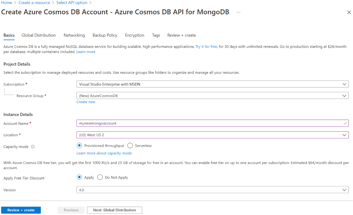 Azure Cosmos DB の新しいアカウントのページのスクリーンショット。