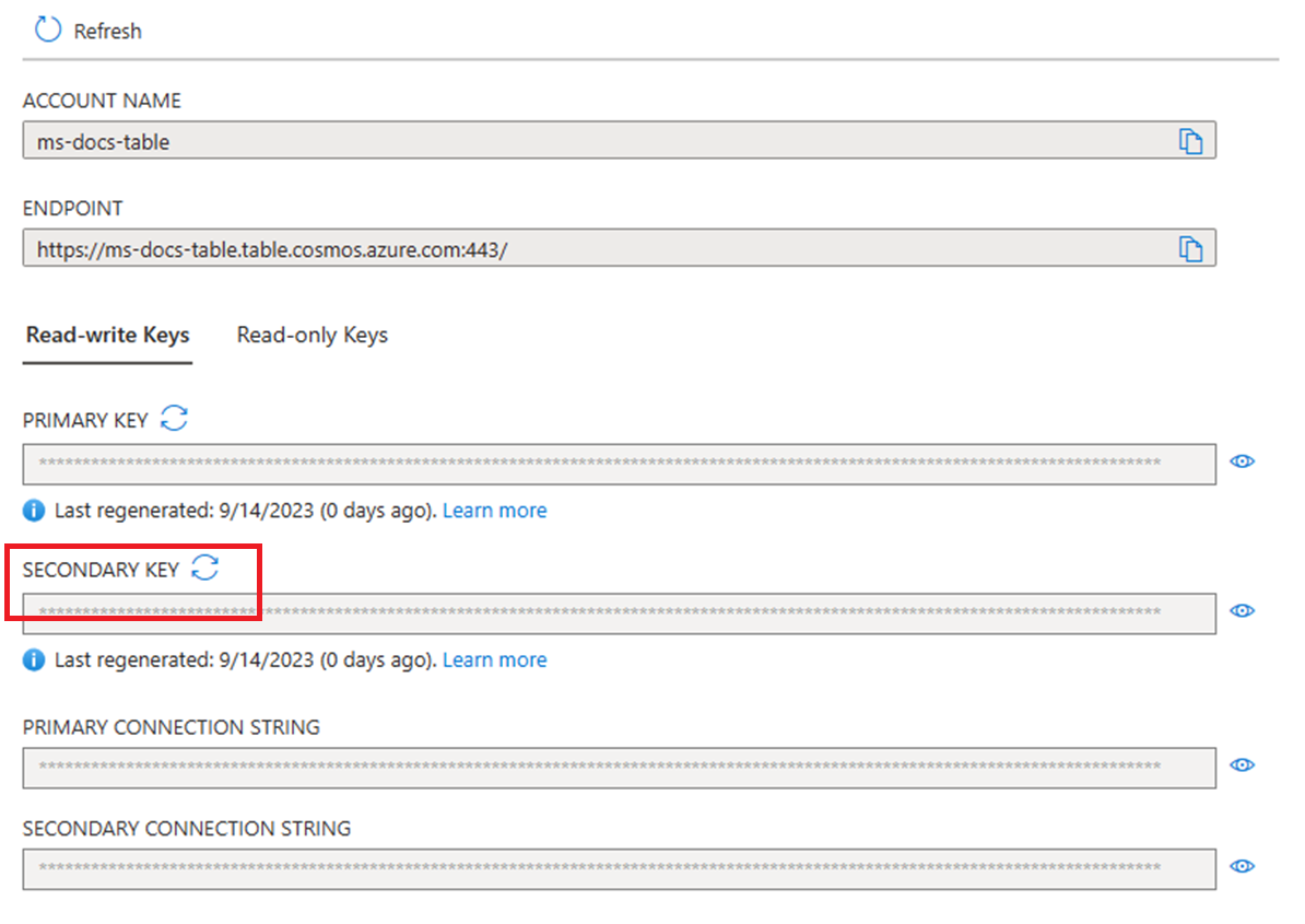 Table API で使用されるセカンダリ キーを Azure portal で再生成する方法を示すスクリーンショット。