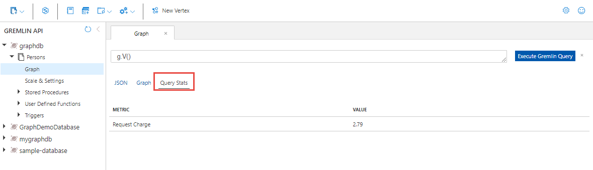 Azure portal で Gremlin クエリ要求の使用量を取得するスクリーンショット