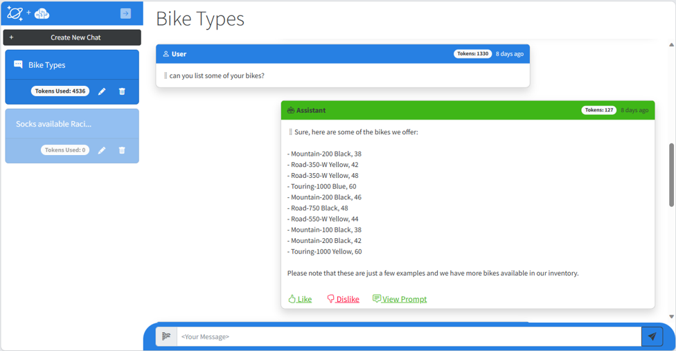 小売店のさまざまな自転車に関するクエリに応答する AI アシスタント アプリケーションのスクリーンショット。