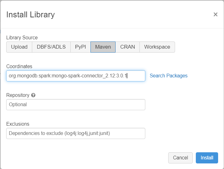 Databricks クラスターの依存関係を追加する図。