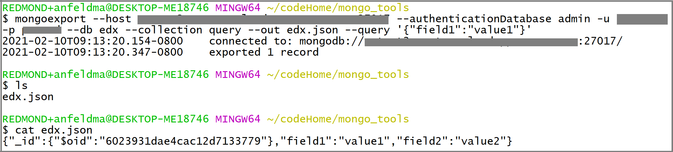 mongoexport の呼び出しのスクリーンショット。