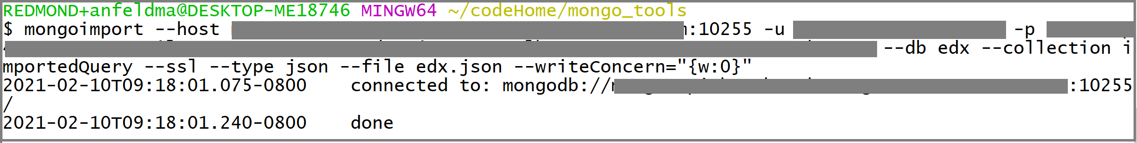 mongoimport の呼び出しのスクリーンショット。