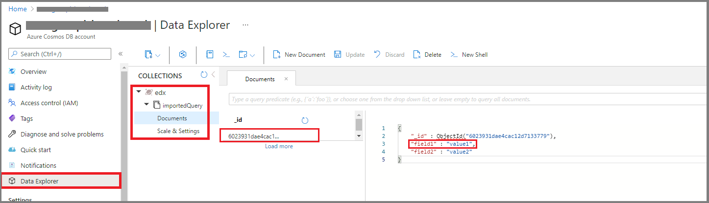 Azure Cosmos DB のデータ検証のスクリーンショット。