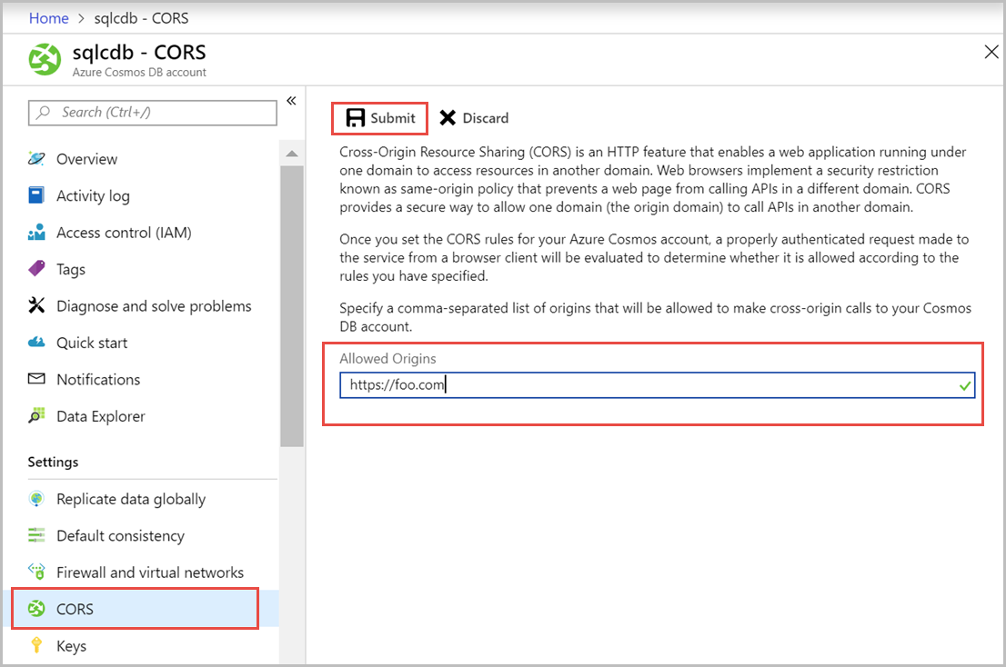 Azure portal を使用してクロス オリジン リソース共有を有効にする