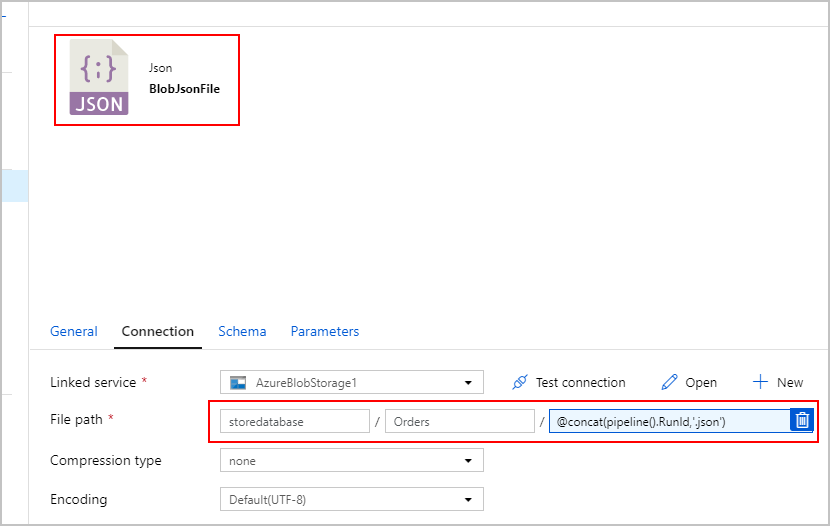 JSON ソース ファイルと [ファイル パス] フィールドが強調表示されているスクリーンショット。