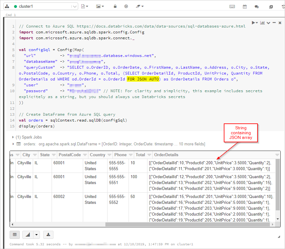 DataFrame の SQL クエリ出力を示すスクリーンショット。