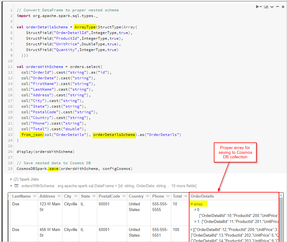 Azure Cosmos DB コレクションに保存するための適切な配列が強調表示されているスクリーンショット。