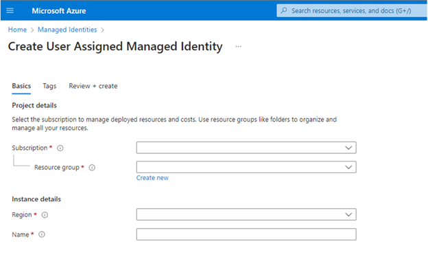 Azure portal のユーザー割り当てマネージド ID ページのスクリーンショット。