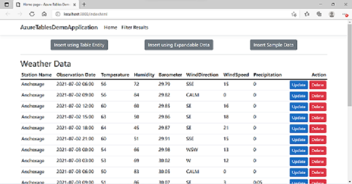 Table 用 API を使用して Azure Cosmos DB テーブルに格納されたデータを示す、完成したアプリケーションのスクリーンショット。