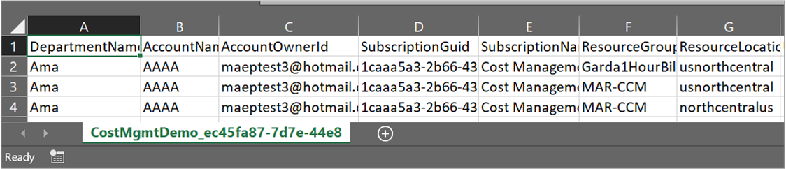 Excel でエクスポートされた CSV データを示すスクリーンショット。