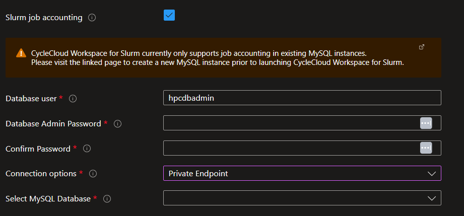 ジョブ アカウンティング データベースの [Slurm Setting]\(Slurm 設定\) オプションのスクリーンショット。直接 FQDN