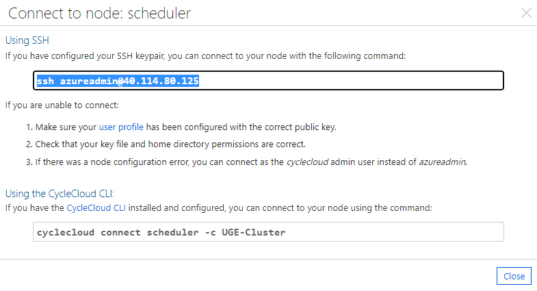 CycleCloud マスター ノードの接続画面