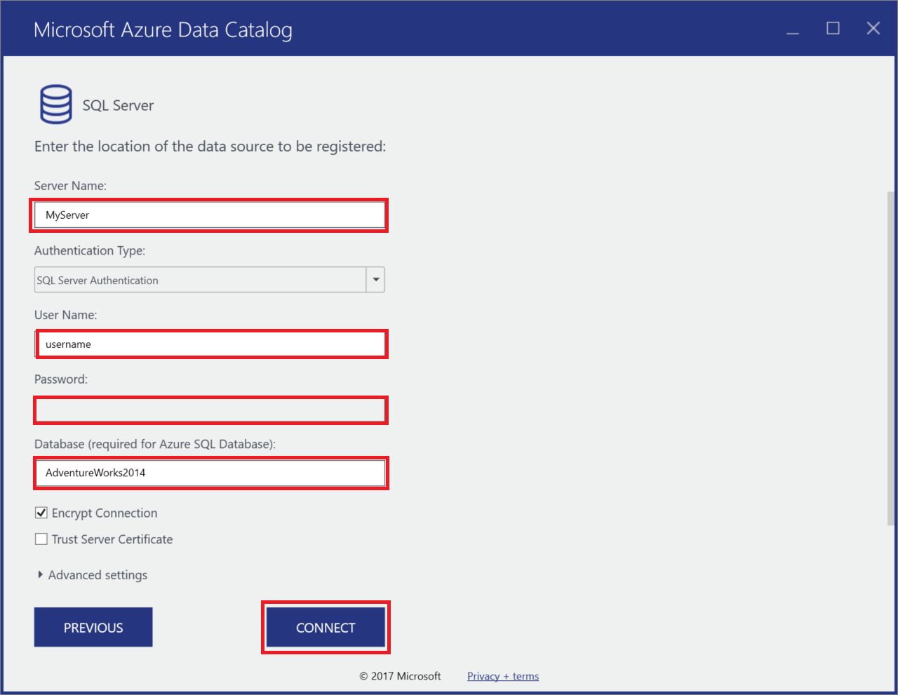 SQL Server 接続プロパティ ページで、[サーバー名]、[ユーザー名]、[パスワード]、[データベース] の各属性のテキスト ボックスが強調表示されています。さらに、[接続] ボタンが選択されています。