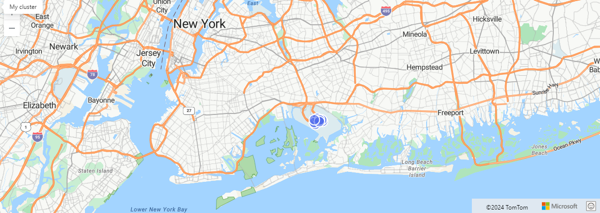 複数行に折りたたまれた行のクエリ マップレンダリングの例のスクリーンショット。この例は、マンハッタンのすべての道路から 10 km 離れたすべてのタクシー乗車です。
