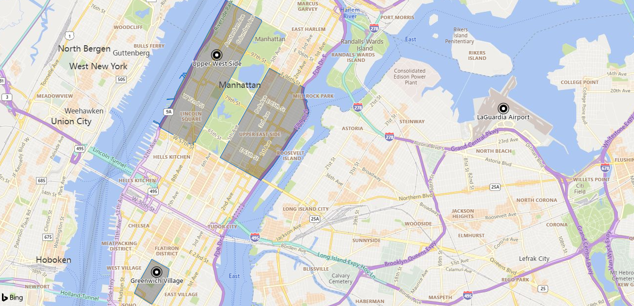 マンハッタンエリアの地図のスクリーンショット。アッパーウエストサイド、グリニッジビレッジ、空港のマーカーが表示されています。3 つの近隣が淡色表示されます。