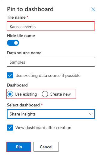 Azure Data Explorer Web UI のダッシュボードにビジュアルをピン留めするためのダイアログのスクリーンショット。